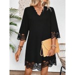 Women Summer Hollow Out A Line Dress With Arc Shaped V Neck Loose Fit And Elegant Design