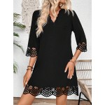 Women Summer Hollow Out A Line Dress With Arc Shaped V Neck Loose Fit And Elegant Design