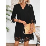 Women Summer Hollow Out A Line Dress With Arc Shaped V Neck Loose Fit And Elegant Design