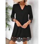 Women Summer Hollow Out A Line Dress With Arc Shaped V Neck Loose Fit And Elegant Design