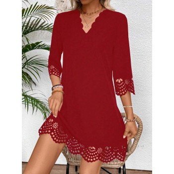 Women s Vacation Casual Elegant Solid Color Hollow Out Scallop Edge Dress