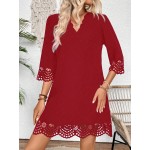 Women s Vacation Casual Elegant Solid Color Hollow Out Scallop Edge Dress