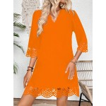 Women s Summer V Neck Hollow Out 3 4 Sleeve Short Fashionable Elegant Dress