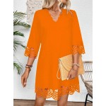 Women s Summer V Neck Hollow Out 3 4 Sleeve Short Fashionable Elegant Dress