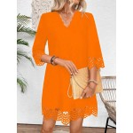 Women s Summer V Neck Hollow Out 3 4 Sleeve Short Fashionable Elegant Dress