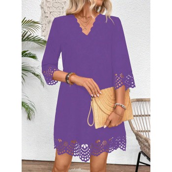 Women s Solid Color Asymmetrical V Neck Hollow Out Elegant Dress