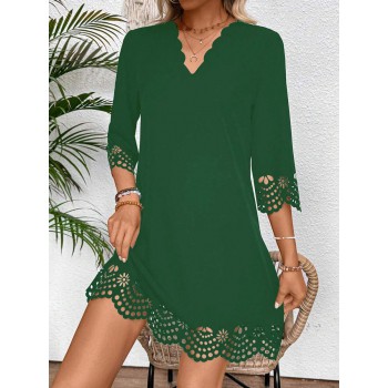 Women Elegant Hollow Arc Hem V Neck 3 4 Sleeve Straight Dress