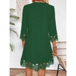 Women Elegant Hollow Arc Hem V Neck 3 4 Sleeve Straight Dress