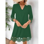 Women Elegant Hollow Arc Hem V Neck 3 4 Sleeve Straight Dress