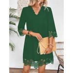 Women Elegant Hollow Arc Hem V Neck 3 4 Sleeve Straight Dress