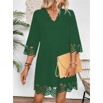 Women Elegant Hollow Arc Hem V Neck 3 4 Sleeve Straight Dress