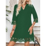 Women Elegant Hollow Arc Hem V Neck 3 4 Sleeve Straight Dress