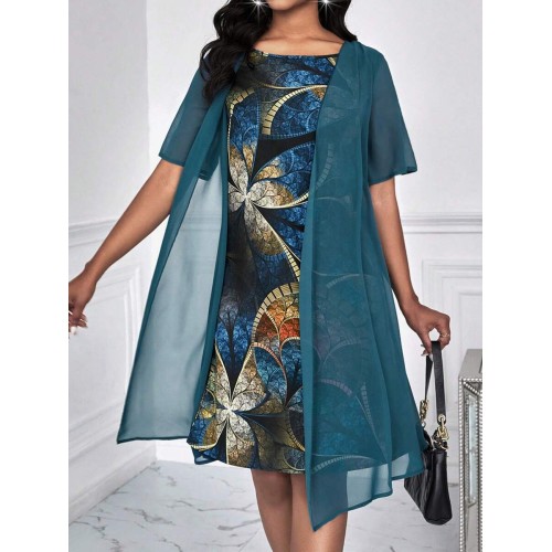 Lady Round Neck Bohemian Style Printed Semi Sheer Chiffon Fabric 2 In 1 Dress