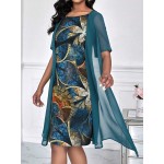 Lady Round Neck Bohemian Style Printed Semi Sheer Chiffon Fabric 2 In 1 Dress