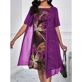 Lady Round Neck Printed Half Transparent Chiffon Fabric 5 4 Sleeve 2 In 1 Dress