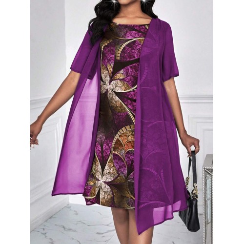 Lady Round Neck Printed Half Transparent Chiffon Fabric 5 4 Sleeve 2 In 1 Dress