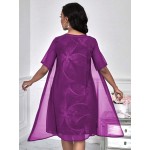 Lady Round Neck Printed Half Transparent Chiffon Fabric 5 4 Sleeve 2 In 1 Dress