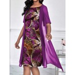 Lady Round Neck Printed Half Transparent Chiffon Fabric 5 4 Sleeve 2 In 1 Dress