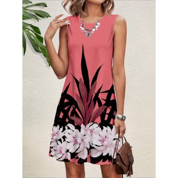 Floral Printed Sleeveless Round Neck Knee Length Bodycon Women s Vacation Dress