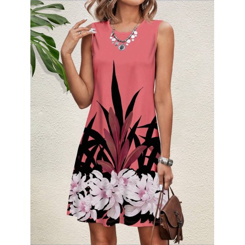 Floral Printed Sleeveless Round Neck Knee Length Bodycon Women s Vacation Dress