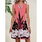 Floral Printed Sleeveless Round Neck Knee Length Bodycon Women s Vacation Dress