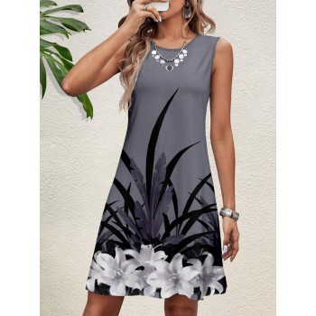 Floral Pattern Sleeveless Round Neck Knee Length Bodycon Women Vacation Dress