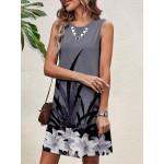 Floral Pattern Sleeveless Round Neck Knee Length Bodycon Women Vacation Dress