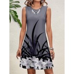 Floral Pattern Sleeveless Round Neck Knee Length Bodycon Women Vacation Dress