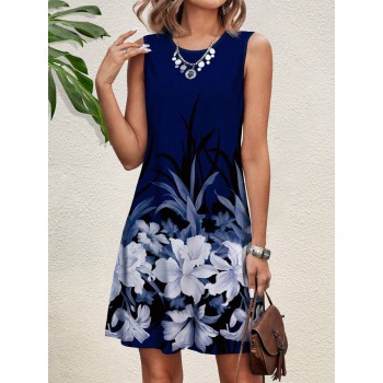 Holiday Floral Printed Sleeveless Round Neck Knee Length Bodycon Dress For Women