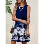 Holiday Floral Printed Sleeveless Round Neck Knee Length Bodycon Dress For Women