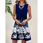 Holiday Floral Printed Sleeveless Round Neck Knee Length Bodycon Dress For Women