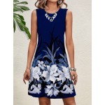 Holiday Floral Printed Sleeveless Round Neck Knee Length Bodycon Dress For Women