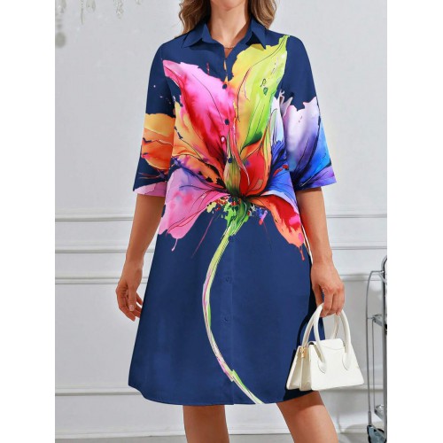 Women Summer Dopamine Colorful Floral Print Mid Sleeve Shirt Casual Dress