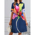 Women Summer Dopamine Colorful Floral Print Mid Sleeve Shirt Casual Dress