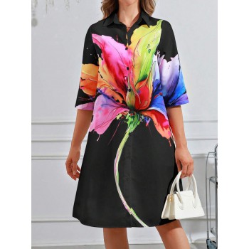 Dopamine Colorful Floral Print Short Sleeve Shirt Collar Mini Dress Casual Resort Wear