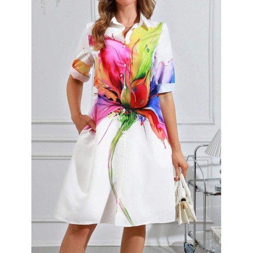 Dopamine Colored Printed Mid Sleeved Dress White Women Dresses