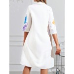 Dopamine Colored Printed Mid Sleeved Dress White Women Dresses