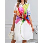 Dopamine Colored Printed Mid Sleeved Dress White Women Dresses