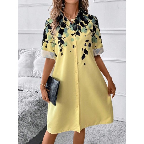 Positioning Printed Front Button Casual Shirt Dress Autumn Button Down Blouse