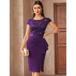 Contrast Lace Sequin Insert Ruffle Trim Ruched Wrap Hem Bodycon Dress