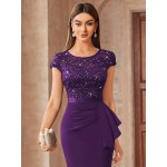 Contrast Lace Sequin Insert Ruffle Trim Ruched Wrap Hem Bodycon Dress