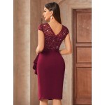 Contrast Lace Sequin Insert Ruffle Trim Ruched Wrap Hem Bodycon Dress