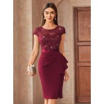 Contrast Lace Sequin Insert Ruffle Trim Ruched Wrap Hem Bodycon Dress