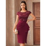 Contrast Lace Sequin Insert Ruffle Trim Ruched Wrap Hem Bodycon Dress