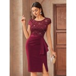 Contrast Lace Sequin Insert Ruffle Trim Ruched Wrap Hem Bodycon Dress