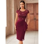 Contrast Lace Sequin Insert Ruffle Trim Ruched Wrap Hem Bodycon Dress