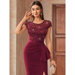 Contrast Lace Sequin Insert Ruffle Trim Ruched Wrap Hem Bodycon Dress