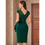 Contrast Lace Sequin Insert Ruffle Trim Ruched Wrap Hem Bodycon Dress