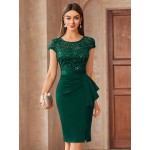 Contrast Lace Sequin Insert Ruffle Trim Ruched Wrap Hem Bodycon Dress