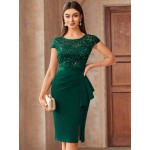 Contrast Lace Sequin Insert Ruffle Trim Ruched Wrap Hem Bodycon Dress